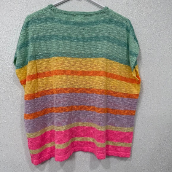 BiBi Women Striped Knit Top Teal Yellow Orange Pink Short Sleeve Sweater M - Picture 7 of 8
